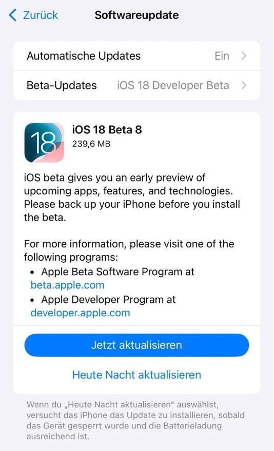 汶上苹果手机维修分享苹果 iOS / iPadOS 18 开发者预览版 Beta 8 发布 